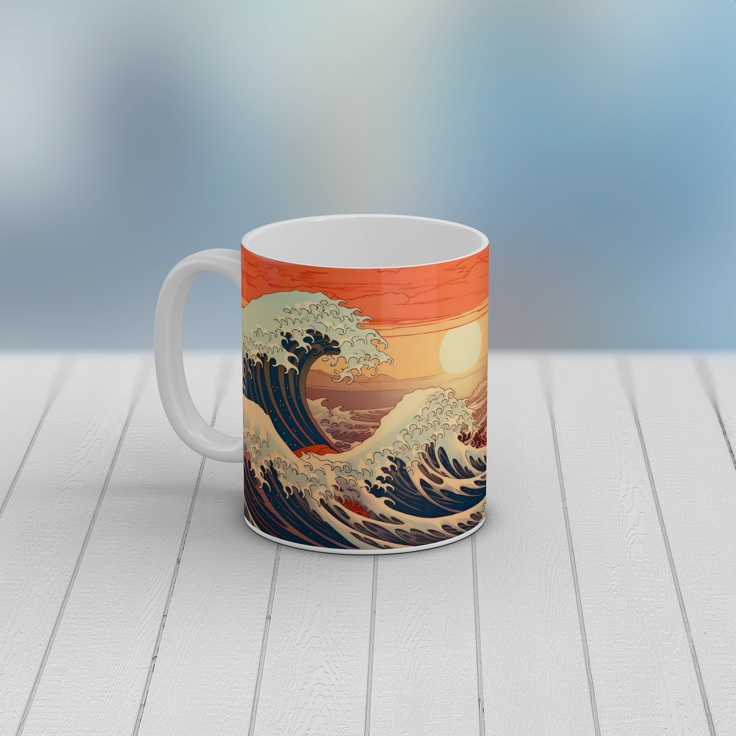 Japanese Ocean Waves Mug | Sunset Seascape Ceramic Coffee Tea Mug Art Gift