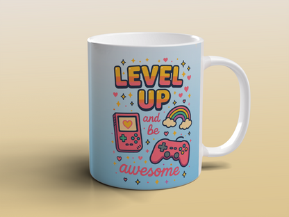 Level Up and Be Awesome Gamer Mug Cute Gaming Gift Retro Video Game Mug