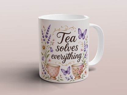 Tea Solves Everything Floral Tea Mug Gift for Tea Lovers Ceramic Coffee Cup