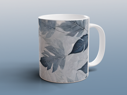 Blue Grey Autumn Leaves Mug | Botanical Ceramic Coffee Tea Mug Nature Gift
