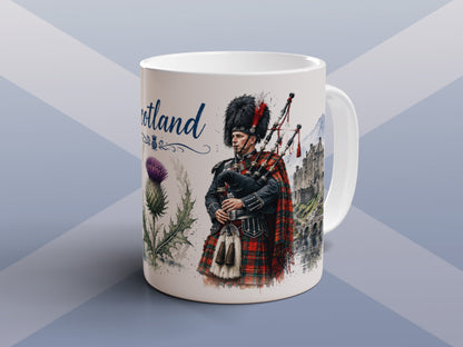 Scotland Mug Scottish Thistle Highland Bagpiper Castle Souvenir Gift