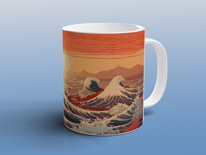 Japanese Ocean Waves Mug | Sunset Seascape Ceramic Coffee Tea Mug Art Gift