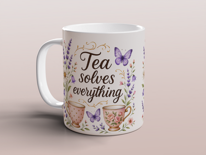 Tea Solves Everything Floral Tea Mug Gift for Tea Lovers Ceramic Coffee Cup