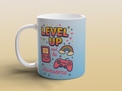 Level Up and Be Awesome Gamer Mug Cute Gaming Gift Retro Video Game Mug