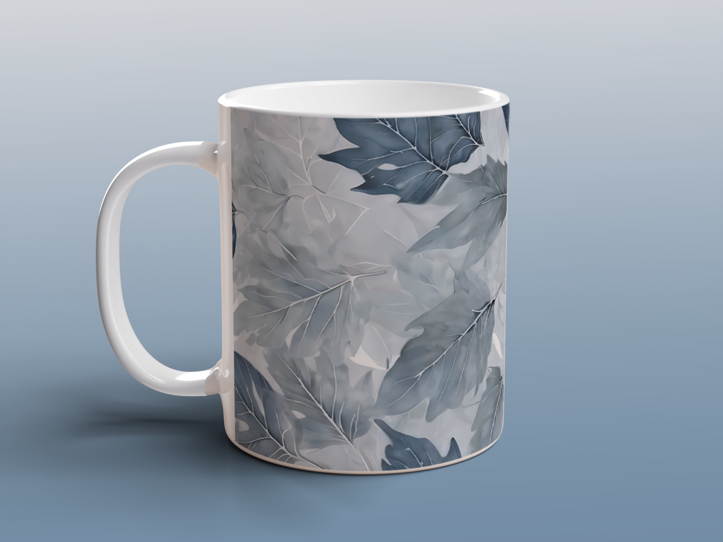 Blue Grey Autumn Leaves Mug | Botanical Ceramic Coffee Tea Mug Nature Gift