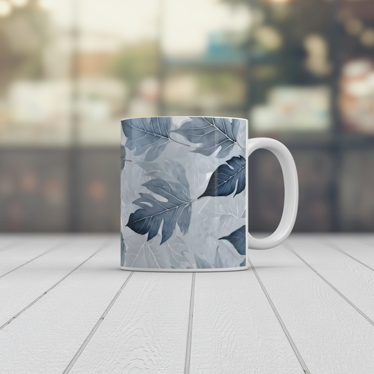 Blue Grey Autumn Leaves Mug | Botanical Ceramic Coffee Tea Mug Nature Gift