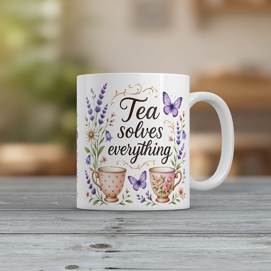 Tea Solves Everything Floral Tea Mug Gift for Tea Lovers Ceramic Coffee Cup