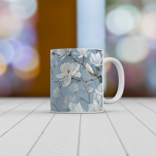 White Magnolia Blossom Mug | Floral Ceramic Coffee Tea Mug Botanical Gift