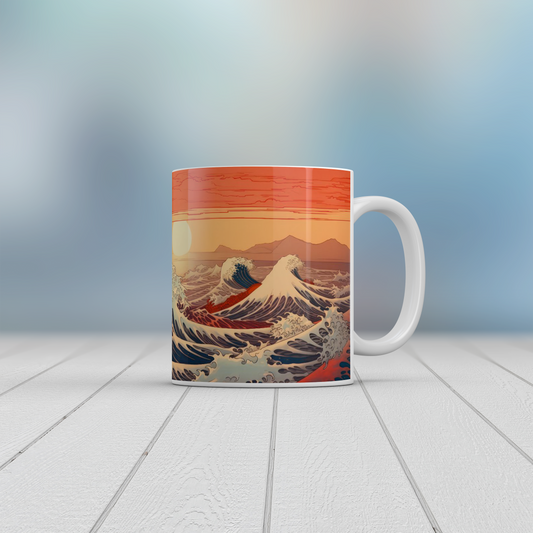Japanese Ocean Waves Mug | Sunset Seascape Ceramic Coffee Tea Mug Art Gift