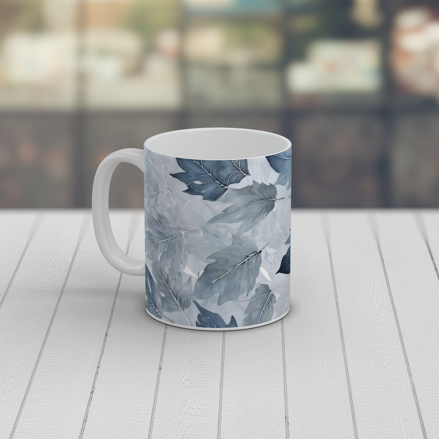 Blue Grey Autumn Leaves Mug | Botanical Ceramic Coffee Tea Mug Nature Gift