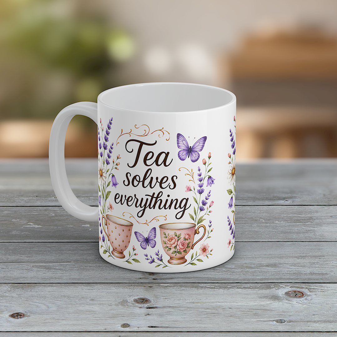 Tea Solves Everything Floral Tea Mug Gift for Tea Lovers Ceramic Coffee Cup