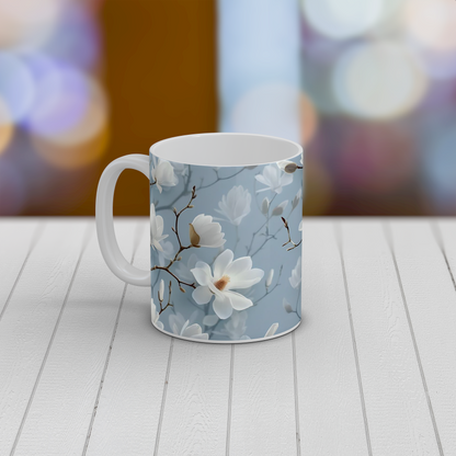 White Magnolia Blossom Mug | Floral Ceramic Coffee Tea Mug Botanical Gift