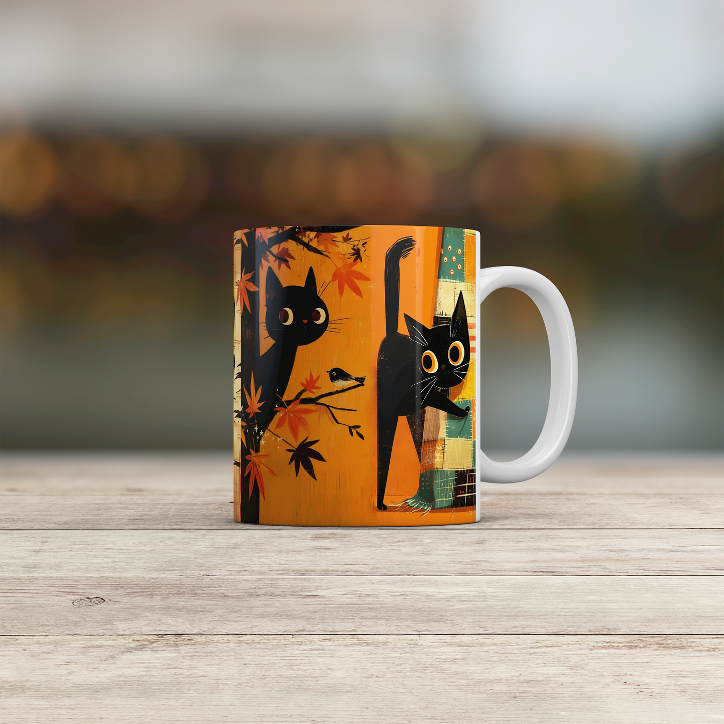 Cute Black Cat Mug - Retro Style - Autumn Vibes