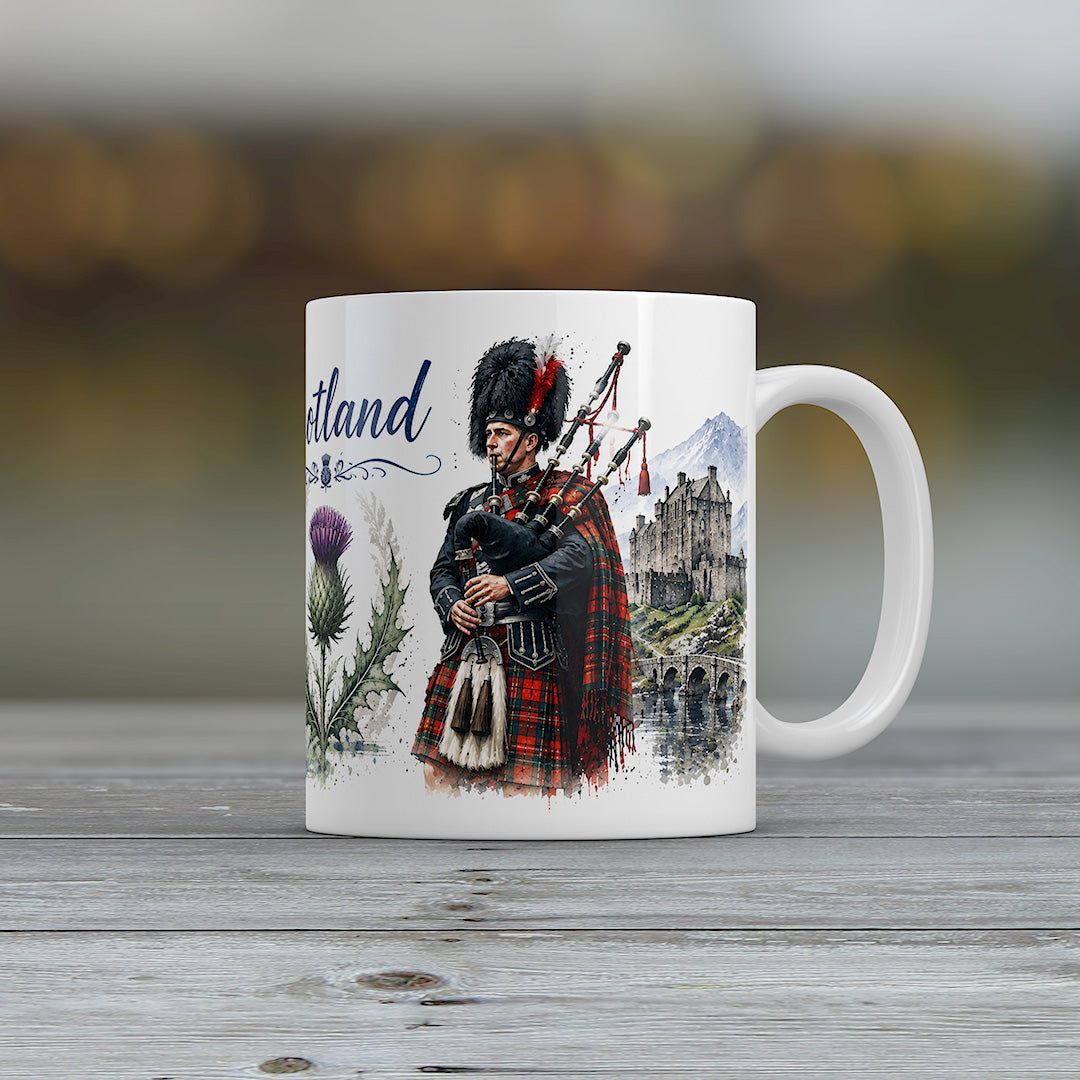 Scotland Mug Scottish Thistle Highland Bagpiper Castle Souvenir Gift