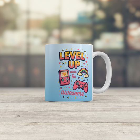 Level Up and Be Awesome Gamer Mug Cute Gaming Gift Retro Video Game Mug