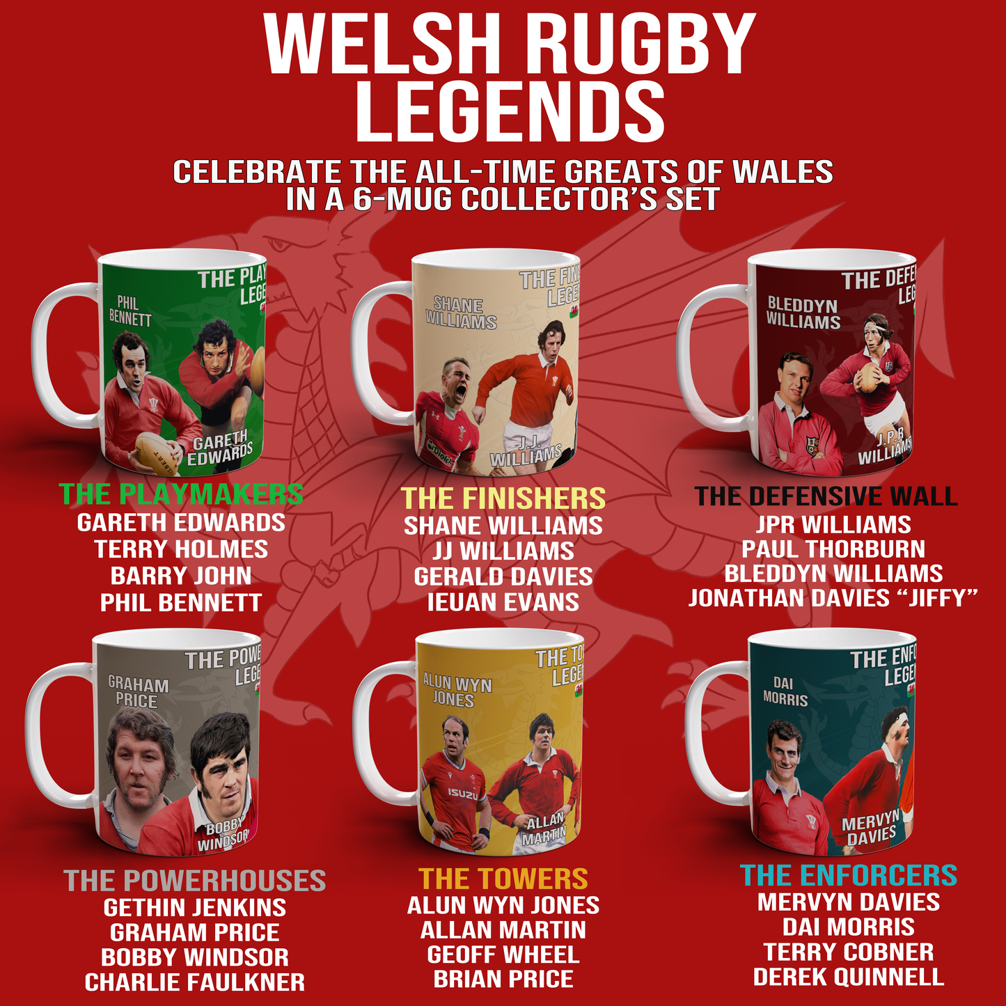 Welsh Rugby Legends Mug Rugby Gift for Wales Fans JPR Williams Jiffy Davies