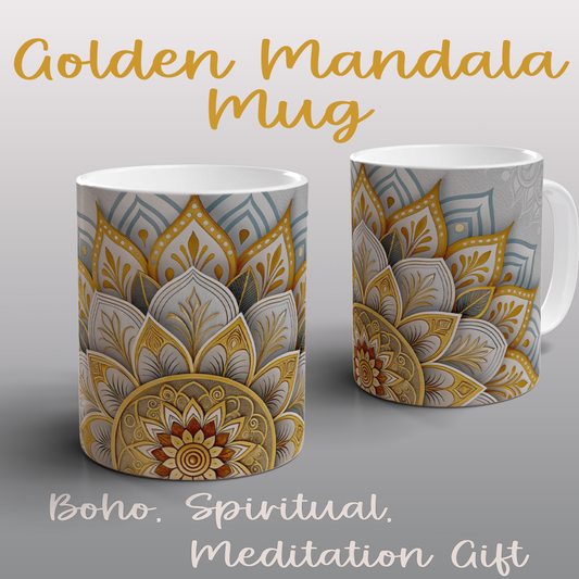 Golden Mandala Mug | Boho Spiritual Coffee Tea Mug Relaxation Gift for Meditate