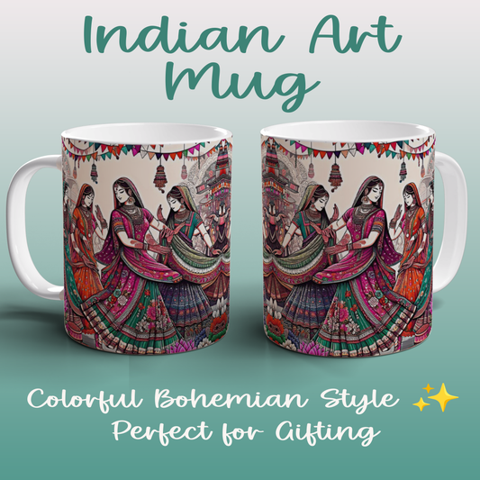 Indian Folk Art Ceramic Mug Colourful Boho Tea Coffee Mug Cultural Gift UK