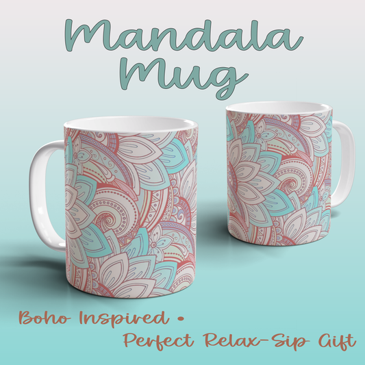 Boho Mandala Ceramic Mug Floral Pattern Tea Coffee Mug Mindfulness Gift UK