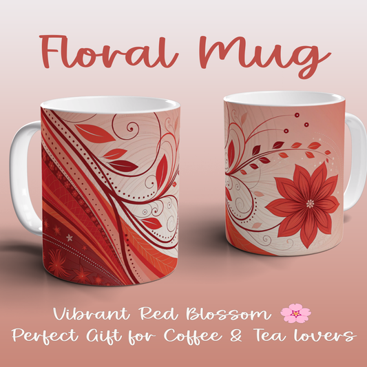 Red Floral Ceramic Mug Tea Coffee Mug Botanical Gift for Her Home Office UK