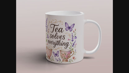 Tea Solves Everything Floral Tea Mug Gift for Tea Lovers Ceramic Coffee Cup
