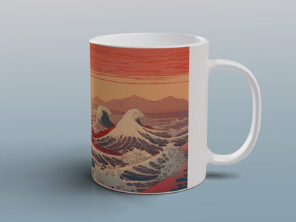 Japanese Ocean Waves Mug | Sunset Seascape Ceramic Coffee Tea Mug Art Gift