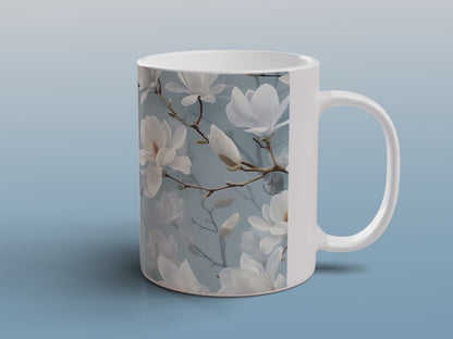 White Magnolia Blossom Mug | Floral Ceramic Coffee Tea Mug Botanical Gift