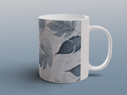 Blue Grey Autumn Leaves Mug | Botanical Ceramic Coffee Tea Mug Nature Gift