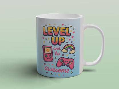 Level Up and Be Awesome Gamer Mug Cute Gaming Gift Retro Video Game Mug